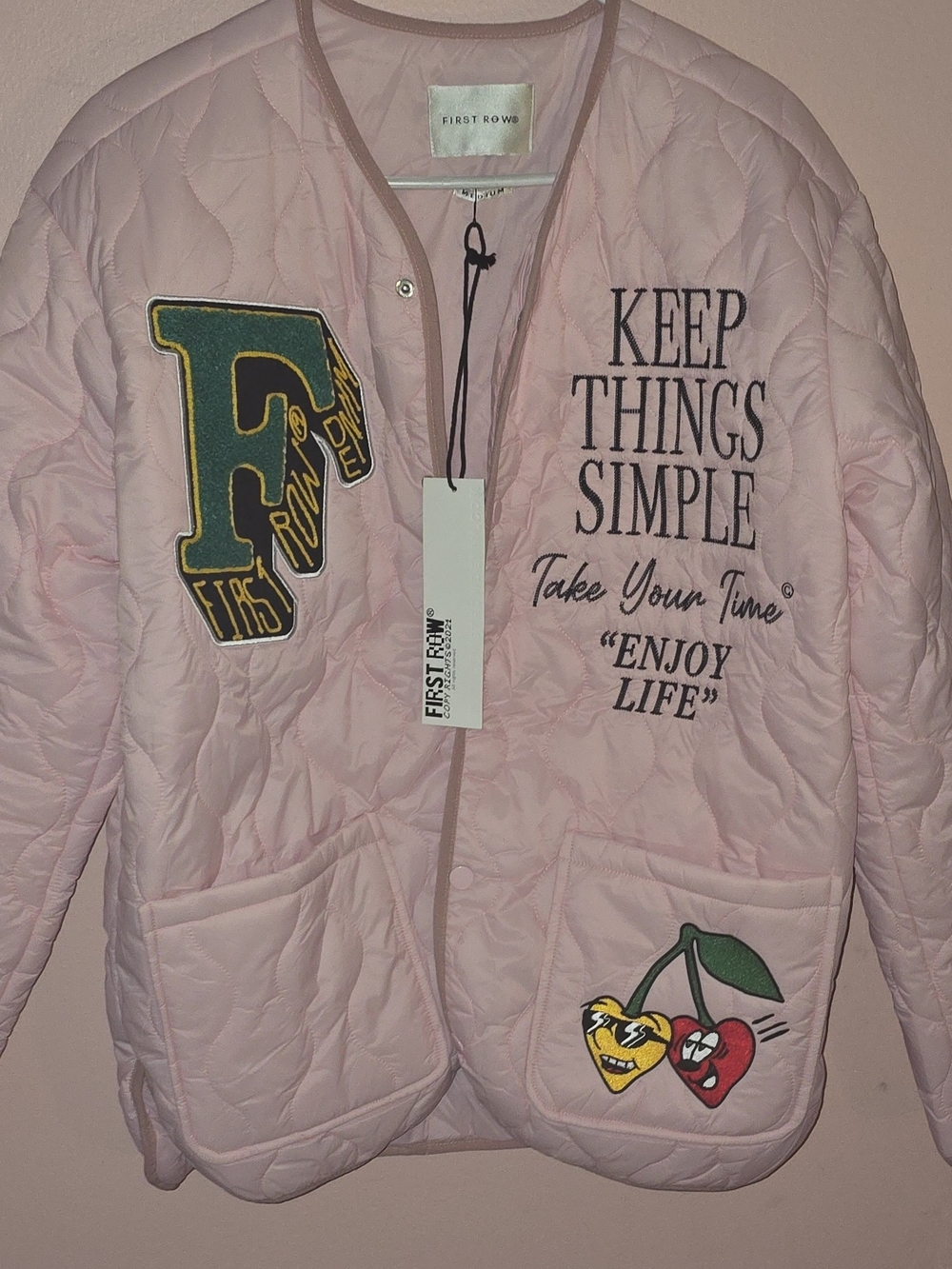 NWT - First Row Pink Quilted Varsity Liner Button Up Jacket Size M Unisex
